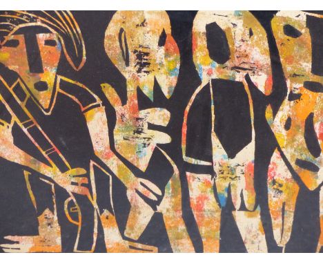 JAMES ADEDAYO (NIGERIAN 20TH CENTURY) ARR. SLAVERY- SCREEN PRINT IN COLOURS ON PAPER, PENCIL SIGNED AND INSCRIBED. 50 X 40 cm