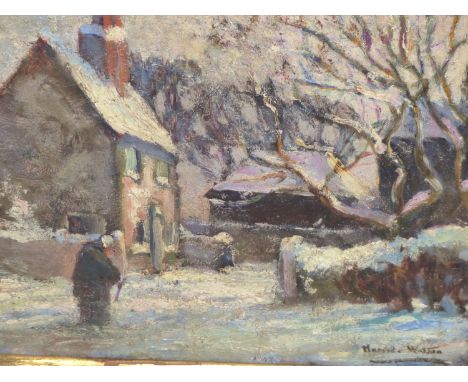 ****** WATSON ( EARLY 20TH CENTURY) LOW SUN THROUGH THE FARM YARD GATE IN WINTER. OIL ON ROBERSON &amp; CO CANVAS. SIGNED IND