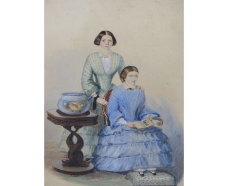 EARLY 19TH CENTURY ENGLISH SCHOOL, PORTRAIT IF TWO LADIES WITH GOLDFISH. WATERCOLOUR. UNSIGNED. THE SITTERS PERHAPS IDENTIFIE