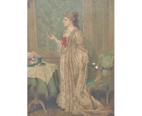 19TH CENTURY ENGLISH SCHOOL. A LADY WITH LOCKET IN PERIOD INTERIOR. OIL ON PANEL. 28 X 41 cm.
&nbsp;
Condition of lots is NOT