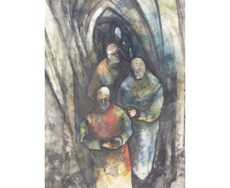 ATTRIB. TONY BARTL ( CZECH 1912-1998) ARR- THREE MONKS- WATERCOLOUR. UNSIGNED. 35 X 51 cm
&nbsp;
Condition of lots is NOT ref