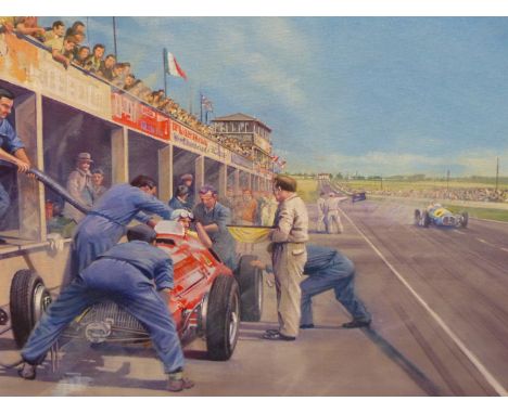 RODNEY DIGGENS (B.1937) ARR. PITT STOP, REFUELLING THE ALFA ROMEO. OIL ON CANVAS. SIGNED L/R. 50 X 40 cm
&nbsp;
Condition of 