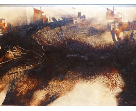 MARTIN AYNSCOMBE-HARRIS. (1937-2016) ARR. FISHING BOATS IN HIGH SEAS. OIL ON BOARD. SIGNED LOWER RIGHT. 152 X 75 cm
&nbsp;
Co
