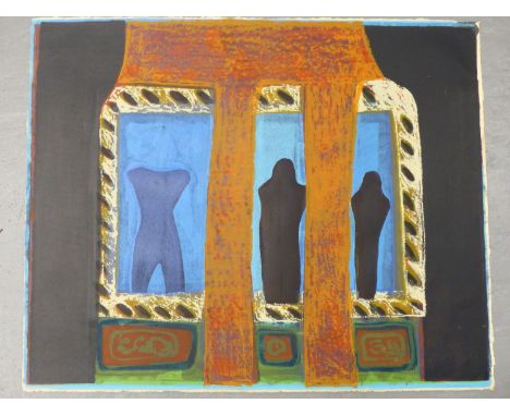 PAMELA CLARKSON ( 20TH CENTURY) ARR. THREE STANDING FIGURES. MULTI LAYER SCREEN PRINT ON HAND MADE PAPER. PENCIL SIGNED, TITL
