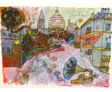 THEO TOBIASSI (1927-2012) ARR. TOUT EN HAUT DE LA NEU St. VINCENT. COLOUR LITHOGRAPH. SIGNED LOWER RIGHT AND "E.A." LOWER LEF
