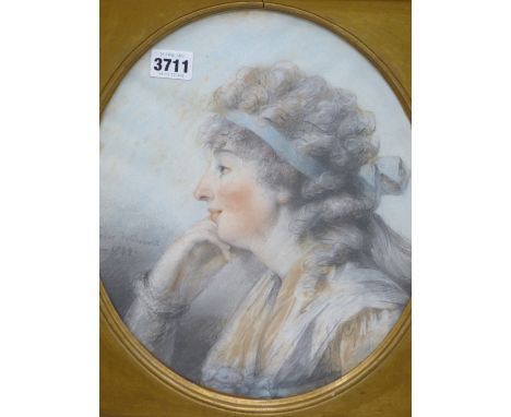 18TH/19TH CENTURY SCHOOL. PORTRAIT OF A CONTEMPLATIVE LADY. PASTEL. BEARS INSCRIPTION "PETERS DELINEWIT 1799" 26 X 33 cm OVAL