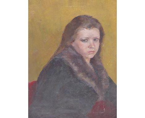 20TH CENTURY SCHOOL, PORTRAIT OF A YOUNG LADY WITH FUR COLLARED COAT, OIL ON CANVAS, 39 X 49 cm.
&nbsp;
Condition of lots is 