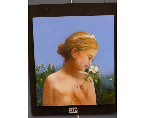 COLIN FROOMS. (1933-2017) ARR. GIRL WITH FLOWER, OIL ON PANEL, SIGNED. 29 x 33cms.
&nbsp;
Condition of lots is NOT referred t