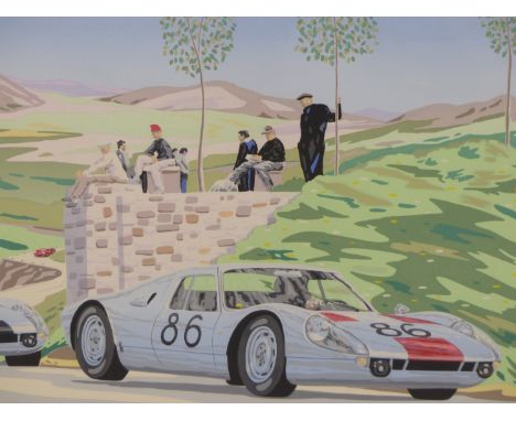 AFTER RANDY OWENS (20th CENTURY) (ARR). PORCHE 904S AT TARGA FLORIO" SILK SCREEN PRINT, PENCIL SIGNED LIMITED EDITION NO 65/9