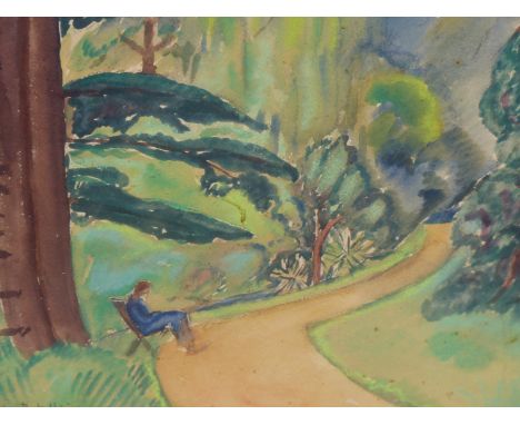 C. DELA PATELLIERE. (EARLY 20TH CENTURY) A WOODED PARKLAND PATH WITH SEATED FIGURE, WATERCOLOUR. SIGNED LOWER LEFT. TOGETHER 