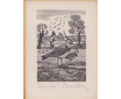 EDWARD STAMP ( 20TH C) ARR. LAPWINGS, WOODCUT PRINT. PENCIL SIGNED AND TITLED. 5.2 X 7.8 cm
&nbsp;
Condition of lots is NOT r