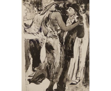 DAVID REMFRY RA. (B.1942) (ARR)- DANCING WITH HATS (UNTITLED), LITHOGRAPH, LIMITED EDITION NO.1/100, PENCIL SIGNED AND DATED 
