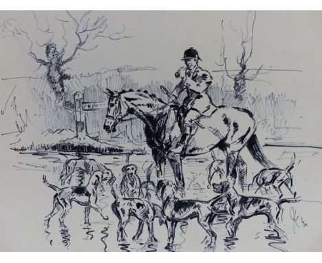 JOHN KING (1929-2014) ARR, HUNTSMAN WITH HOUNDS, PEN AND INK DRAWING WITH SKETCHS VERSO..SIGNED 25 x 35 cm. TOGETHER WITH A F