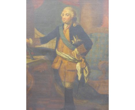 18TH/19TH CENTURY ENGLISH SCHOOL. FULL LENGTH PORTRAIT OF A GENTLEMAN OF NOTE POSSIBLY ROYAL, STANDING BEFORE A FLEUR DE LYS 