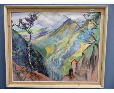 IVY T. ATTWELL (1895-1985) A MOUNTIANOUS VALLEY. OIL ON BOARD. SIGNED L/R. 74 X 59 cm.
&nbsp;
Condition of lots is NOT referr