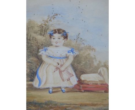 19TH CENTURY ENGLISH SCHOOL, YOUNG GIRL WITH DOLL, PORTRAIT OF MISS SARAH PEAKE ( IDENTIFIED VERSO). TOGETHER WITH A SMALL WA