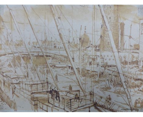 CHARLOTTE HALLIDAY (B.1935) ARR. LONDONS SOUTH BANK , INK AND WASH, SIGNED L/R. 22 X 15 cm.
&nbsp;
Condition of lots is NOT r