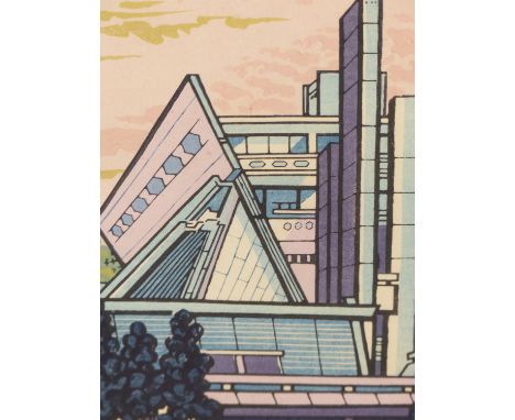 JAPANESE ( 20TH CENTURY) AN IMPRESSIVE ARCHITECTURAL DESIGNED BUILDING. WATERCOLOUR SIGNED INDISTINCTLY AND INSCRIBED WITH CH