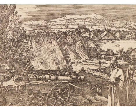 AFTER ALBRECHT DURER (1471-1528)- THE CANNON- WOODBLOCK PRINT ON PAPER- LAID DOWN. MONOGRAMMED AND DATED 1518 IN THE PLATE. T