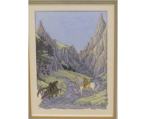 MW (20TH CENTURY)- TWO ILLUSTRATIONS INSPIRED FROM JRR TOLKIEN'S LORD OF THE RINGS, INK AND WASH. ( A PAIR) 16 X 23 cm.
&nbsp