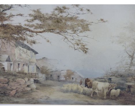 T. KET. ( 19TH CENTURY) FARMYARD WITH CATTLE AND SHEEP. WATERCOLOUR. SIGNED INDISTINCTLY L/R. 56.5 X 39.5cm.
&nbsp;
Condition