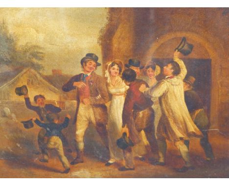 19TH CENTURY ENGLISH SCHOOL. A MINOR FRACAS OUTSIDE THE CHAPEL, OIL ON MILLBOARD PANEL. 29 X 29 cm.
&nbsp;
Condition of lots 