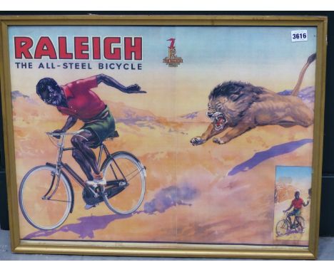 20TH CENTURY. A RARE RALIEGH ALL STEEL BICYCLE ADVERTISING PRINT.C.1940'S 62 X 48cm.
&nbsp;
Condition of lots is NOT referred