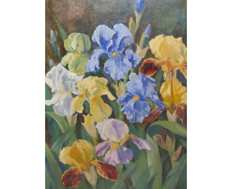 E. DESBOROUGH ( 20TH CENTURY) "GARDEN REGALIA" A STUDY OF IRISES. OIL ON BOARD, SIGNED L/R AND TITLED VERSO..50 X 65 cm.
&nbs