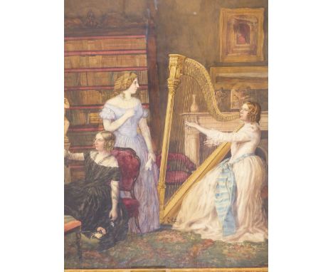 ATTRIB. GEORGE RICHMOND (1809-1896) LADIES IN THE DRAWING ROOM WITH HARP. WATERCOLOUR. 57 X 70 cm. BRASS LABEL TO FRAME, STUD