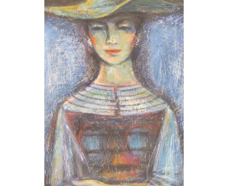 TONY BARTL ( CZECH 1912-1998) ARR- BLUE LADY, OIL ON WOOD PANEL. SIGNED AND LABELED VERSO. 38 X 49 cm.
&nbsp;
Condition of lo
