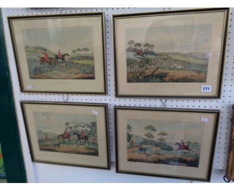 Set of 4 Alken Coloured Hunting Etchings entitled Going Out, Finding, Running In View and the Death, dated 1941, framed, Cond