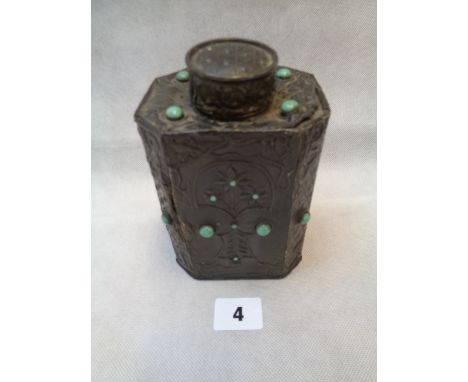 Arts & Crafts Tin Overlay Tea Caddy of Octagonal form with raised floral decoration set with cabochon Turquoise, 14cm in Heig