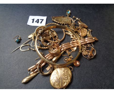 Collection of assorted 9ct and other gold jewellery Inc. Bangle, Cufflinks, Ring mount etc. 58g total weight