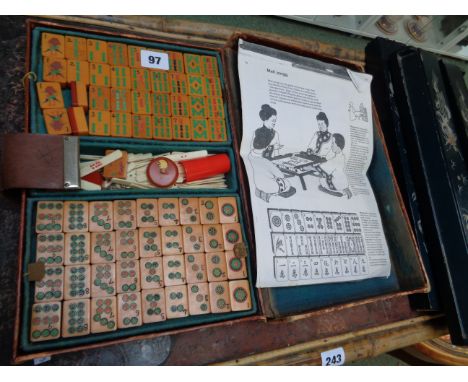 Vintage Leatherette cased Mah Jongg set and 4 Black Lacquered Tile racks, Condition - Some wear to case