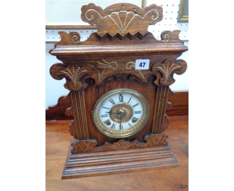 Ansonia Clock Co of New York Victorian Oak cased mantel clock with enamel and gilt dial, 43cm in Height, Condition - Good Ove