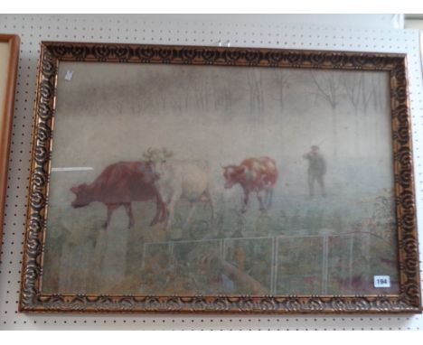 R H Brook, Watercolour of Cattle and Farmer with woodland background dated 1896, 71 x 48cm, Condition - Some Foxing 