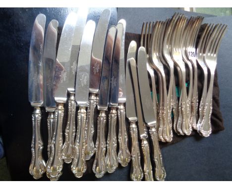 Mappin & Webb Silver plated knifes (12) and fork (11) in shell decoration, Condition - Some scratching to blades 