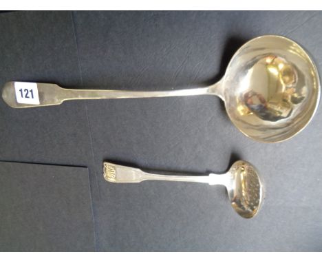 19thC Silver Sugar Sifter spoon with pierced bowl London 1861 maker stamped FG 75g total weight and a Large white metal Europ