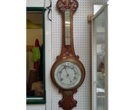 Edwardian Oak cased Banjo aneroid Barometer with applied brass plaque 'Morecombe Golf Club, Eclectic Competition 1921 won by 