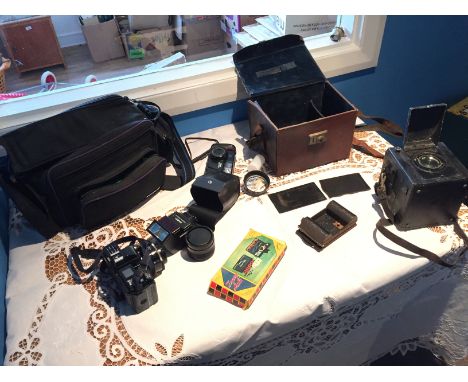 * A Dallmeyer Press box camera and a Mintola camera and flash.