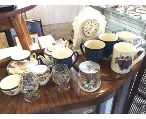 Noritake china, a Donegal Parian ware clock, Denby and Portmerian mugs and others.
