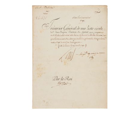 LOUIS XVI, King of France (1754-1793). Partly printed document signed ("Louis"), 19 April 1791. Countersigned by an unidentif