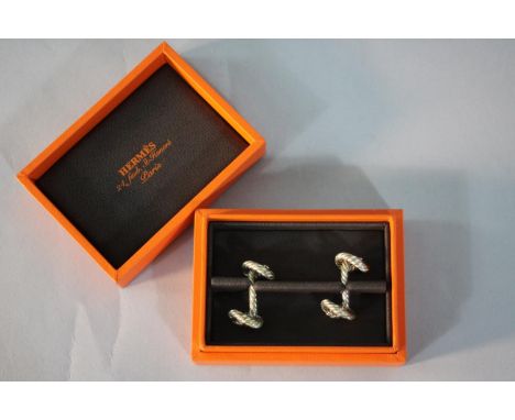 A pair of vintage silver Hermes boxed gentleman's cufflinks. Each cufflink as a rope twist - knot form design. Signed Hermes,