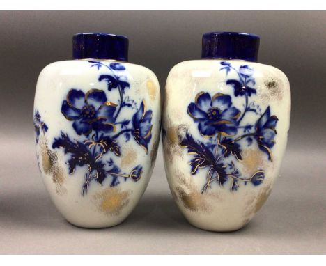 PAIR OF BLUE AND WHITE VASES,20cm high, along with a group of other ceramic vases and jugs 