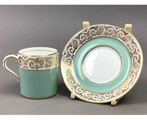PARAGON COFFEE SERVICE,decorated with gilt scroll designs over a green body, comprising six cups and saucers, along with a Ro