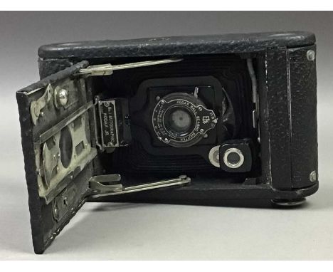 TWO VINTAGE FOLDING CAMERAS,along with a Magnetic Marching Compass, Mk. 1, two crowns (1953 and 1965) and a set of plated tea