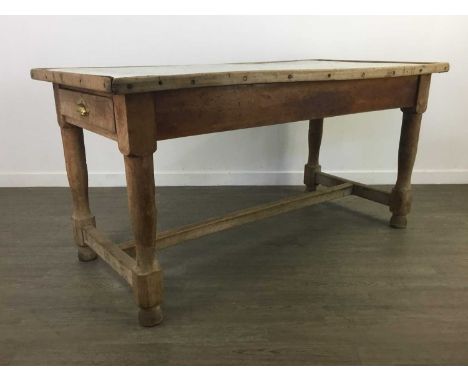 PINE KITCHEN TABLE,with enamel top, 78cm high, 155cm wide, 80cm deep, along with four chairs (5)