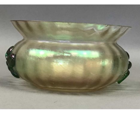 ART NOUVEAU IRRIDESCENT GLASS CIRCULAR BOWL,with green glass floral details in relief, 15cm diameter, along with another irri