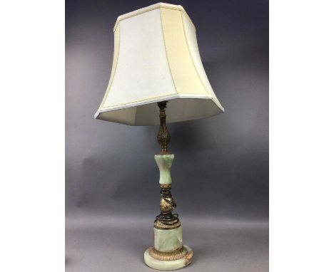 BRASS AND ONYX TABLE LAMP,69cm high, along with a table lighter and a clock (3)
