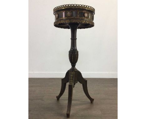 LOUIS XIV STYLE DRUM TABLE,the circular top with a pierced gilt metal gallery, the table with gilt metal roundels inset with 